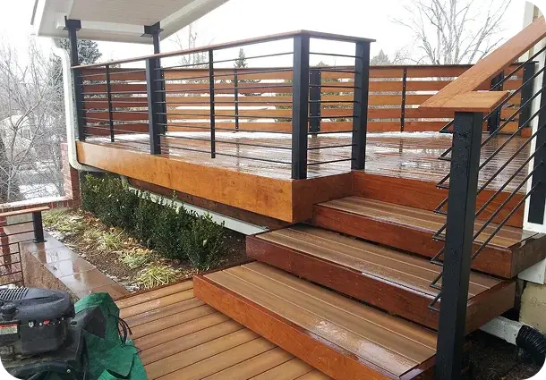 Custom hardwood deck with custom steel railing